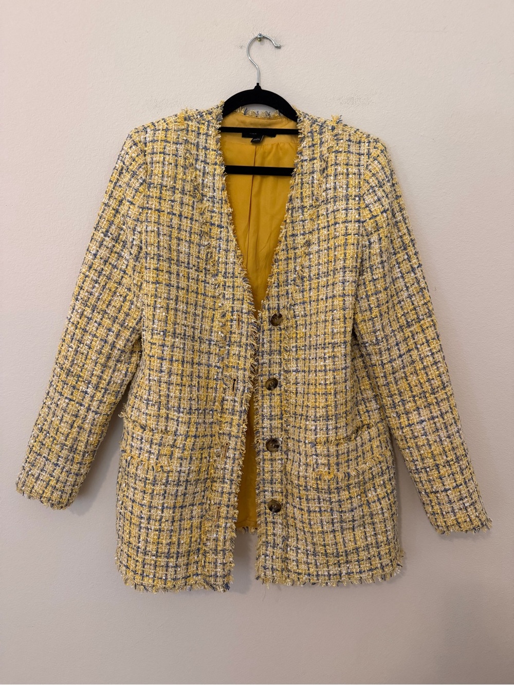 Ann Taylor Yellow Tweed Fringe Cardigan Jacket Size 4 Old Money Workwear Classic